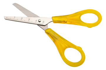 Yellow left-handed scissors, with a metric scale for measuring, from zero to five centimeters, on a white background, isolate