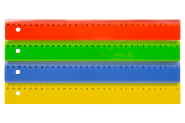 Four colored rulers, with a metric scale for measurements from right to left from zero to 30 centimeters, on a white background, isolate