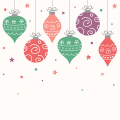 Christmas background. Hanging hand drawn ornaments. Vector illustration