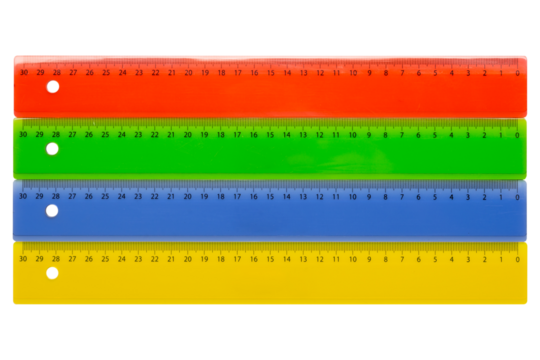 Four colored rulers, with a metric scale for measurements from right to left from zero to 30 centimeters, on a white background, isolate