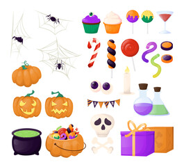 Halloween candies and sweets cobweb spider skull gift box vector illustration. Jack o lantern bowl halloween for trick or treat candy, lollipop decoration card. Party event witchcraft scary dessert.