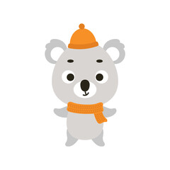 Cute little koala in hat and scarf. Cartoon animal character for kids t-shirts, nursery decoration, baby shower, greeting card, invitation, house interior. Vector stock illustration