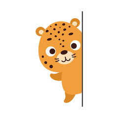 Cute little jaguar peeking around corner on white background. Cartoon animal character for kids t-shirt, nursery decoration, baby shower, greeting card, house interior. Vector stock illustration © Jexy