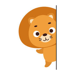 Cute little lion peeking around corner on white background. Cartoon animal character for kids t-shirt, nursery decoration, baby shower, greeting card, house interior. Vector stock illustration