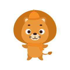 Cute little lion in hat and scarf. Cartoon animal character for kids t-shirts, nursery decoration, baby shower, greeting card, invitation, house interior. Vector stock illustration