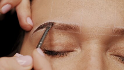 Woman is  on the Eyebrow coloring procedure. Professional lamination procedures of female eyebrows in beauty salon. Closeup view of client face and stylist's hands working.  Beauty care concept.