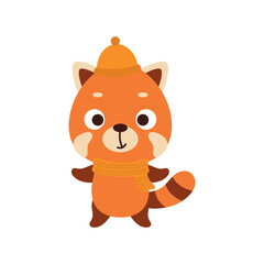Cute little red panda in hat and scarf. Cartoon animal character for kids t-shirts, nursery decoration, baby shower, greeting card, invitation, house interior. Vector stock illustration