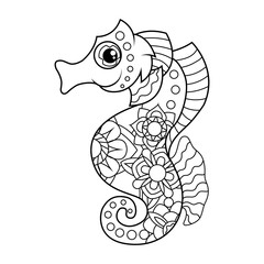 Coloring book for children. Cute sea ​​horse in zentangle style. The task for children can be used in a book, magazine. Vector illustration