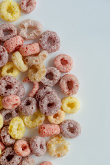 Close up to cereal background. Colorful breakfast food with copy space