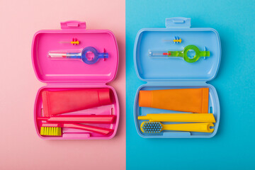 Oral care.Travel set with a toothbrush, toothbrush and toothpaste in a case.Composition on a...