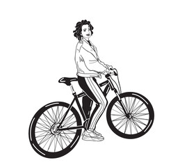 Vector character design of an adult young woman riding bicycles. Stylish female hipsters on bike, side view, isolated.
