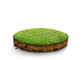 3D Illustration, round soil ground cross section with earth land and green grass, realistic ground ecology, cutaway terrain floor with rock isolated on white background.