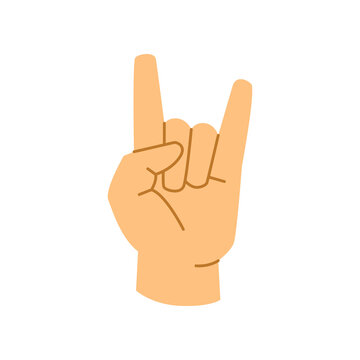 Sign of the horns, rock n rock music gesture, isolated hand with index and little finger pointed up. Non verbal communication. Flat cartoon, vector in flat style
