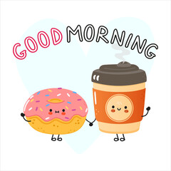 Cute happy coffee and pink donut card. Vector hand drawn doodle style cartoon character illustration icon design. Happy coffee and pink donut friends concept card
