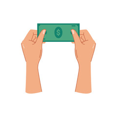 Dollar banknote in hand, isolated arms checking paper money. Holding cash, paying or earning financial assets, saving up. Vector in flat cartoon style