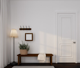 home interior in foryer area in front of room with wooden bench ,plant, bucket, hook,hanger,floor lamp,fabric,empty frame on white wall ,carpet and curtain in farm house style 3d render