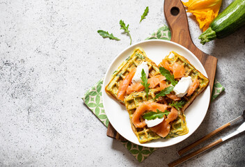 Belgian waffles with zucchini and greens with cottage cheese and salted salmon