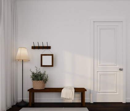 home interior in foryer area in front of room with wooden bench ,plant, bucket, hook,hanger,floor lamp,fabric,empty frame on white wall ,carpet and curtain in farm house style 3d render