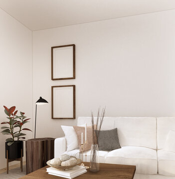 home interior living room with wooden side table ,plant, wood stick,glass vase,floor lamp,pillow,empty frame on white wall ,carpet,white sofa,candle and curtain in farm house style 3d render