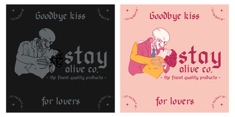 Skull skeleton couple kissing women retro vintage illustration