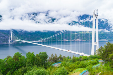 Aerial view of the Hardanger suspension bridge in Norway