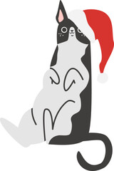 Obraz premium Cute vector illustration for the New Year. Cheerful cat sitting in a Santa Claus hat