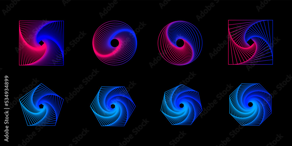 Aufkleber set of 3d twisted blue and pink spirals. geometry tunnel with lines. abstract technology circle, squ