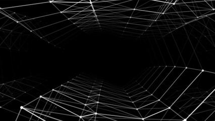 Abstract futuristic infinite tunnel. Dynamic wireframe black funnel. Fantasy fractal with lines and dots. Deep wormhole with particle flow. Vector illustration.