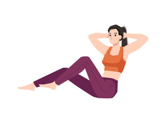 Working out female character doing press exercises to strengthening body muscles and keeping fit. Teenager in gym or home. Vector in flat cartoon style