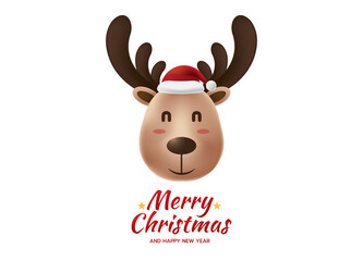 Reindeer smiling head with Merry Christmas and Happy New Year text isolated on transparent background