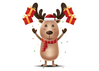Reindeer throw gifts box over himself isolated on transparent background