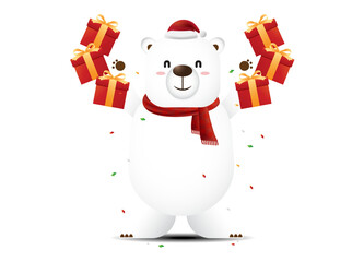 White polar bear wearing red scraf throw gifts box over himself isolated on transparent background