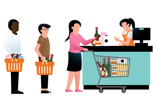 People Waiting In Line To Cash In Supermarket Store Isolated On Transparent Background. Grocery, Drinks, Wine. Vector Flat Style Illustration.