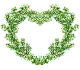 Watercolor christmas fir wreath in the shape of a heart, isolated on transparent background
