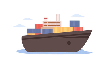 International logistics services, isolated ship loaded with cargo and freight. Transportation and delivery of parcels and container. Vector in flat cartoon style