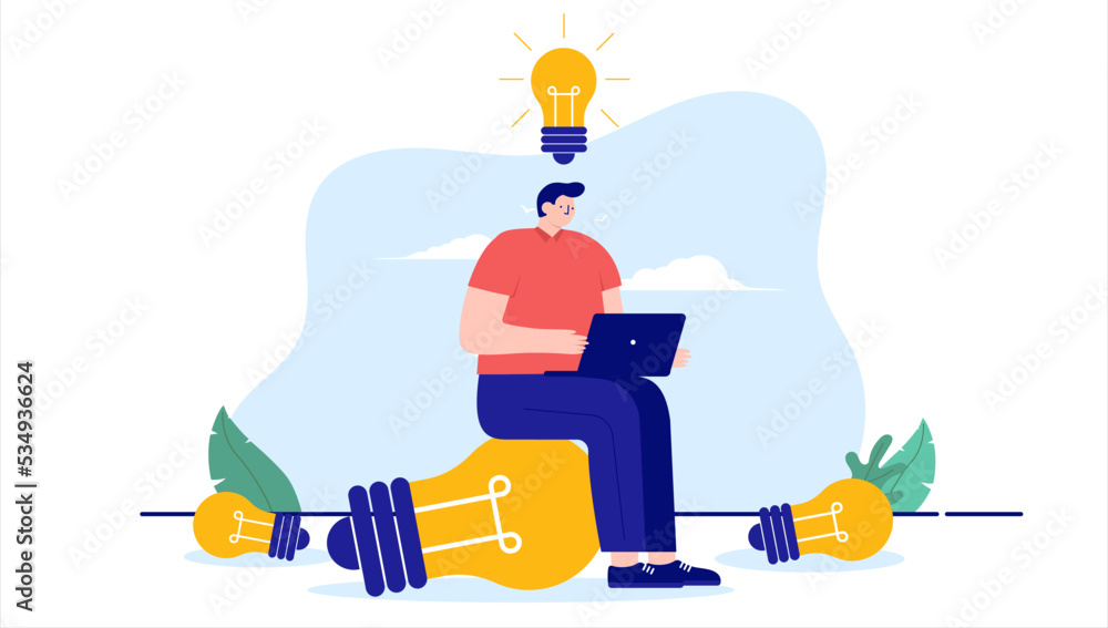 Poster man with ideas - person sitting on light bulb with laptop computer working on innovation and getting