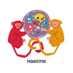 Monkey pox. Vector illustration epidemic virus. Infectious disease. Microbes close up. Sticker, patch, t-shirt print, logo design