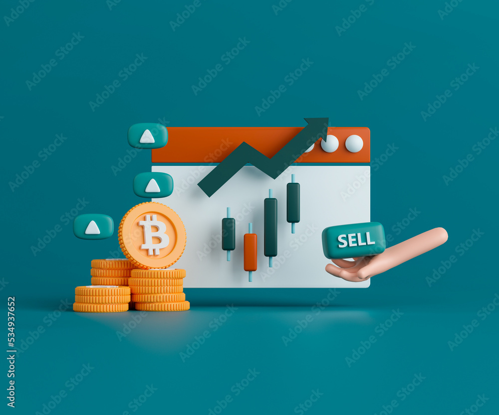 Poster 3d render concept cryptocurrency illustration. candlestick chart with bitcoin on dark green backgrou