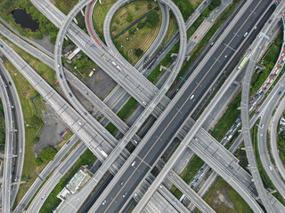 Aerial view city junction cross road with vehicle
