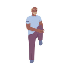 Grandfather doing physical exercises, stretching legs and keeping fit. Isolated senior man in sportswear working out, training. Vector in flat cartoon style
