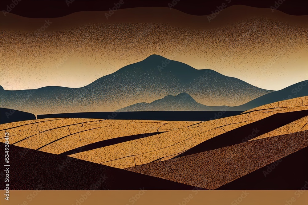 Poster an abstract picture of a landscape with mountains, the landscape is very colorful and simple with a 
