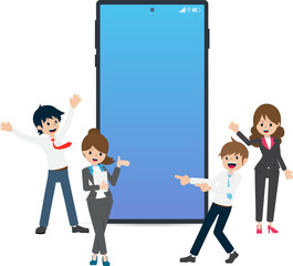 Salary man and Colleagues Show Mobile Phone about Covid Coronavirus Vaccine Registration