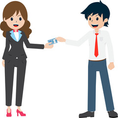 Fototapeta premium Salary Man Exchanging business cards with customers