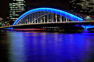 ブルーにライトアップされた永代橋と屋形船の軌跡