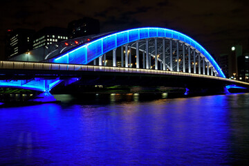 Fototapeta na wymiar プルーのアーチが印象的な永代橋のライトアップ