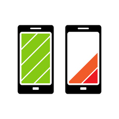 Vector illustration of smartphone with full battery and not full.