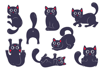 bundle of funny kawaii black cats in various poses in flat style isolated on white background