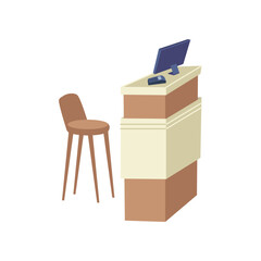 Shop or store cashiers desk with computer and terminal for processing payment. Furniture for boutique or shopping center. Vector in flat cartoon style