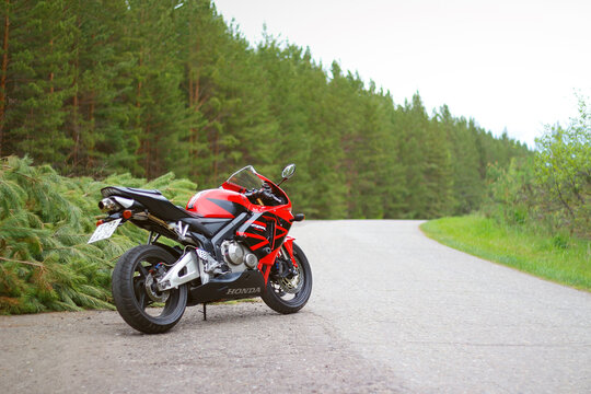 KRASNOYARSK, RUSSIA - MAY 25, 2018: Red and black sportbike Honda CBR 600 RR 2005 PC37