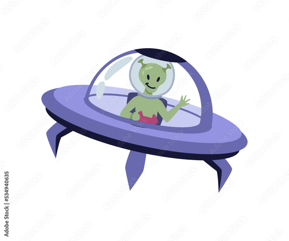 Poster Unidentified flying object with alien, isolated extraterrestrial character in space. Universe and galaxy personages, spaceship. Vector in flat cartoon style